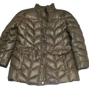 LANDS END - Goose Down Olive Puffer Winter Coat Jacket Women's L Petite No hood